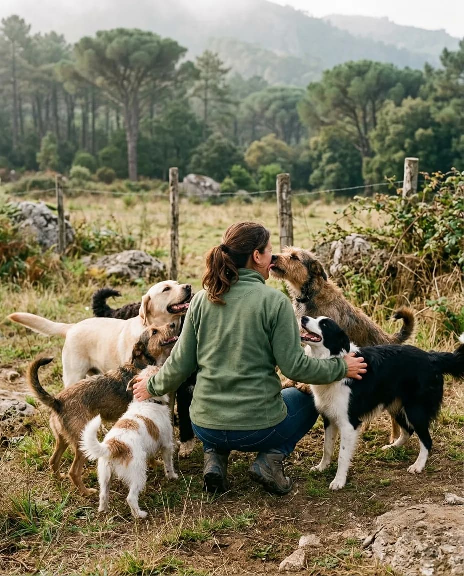 Um tratador visto de costas, agachado entre vários cães contentes num campo soalheiro