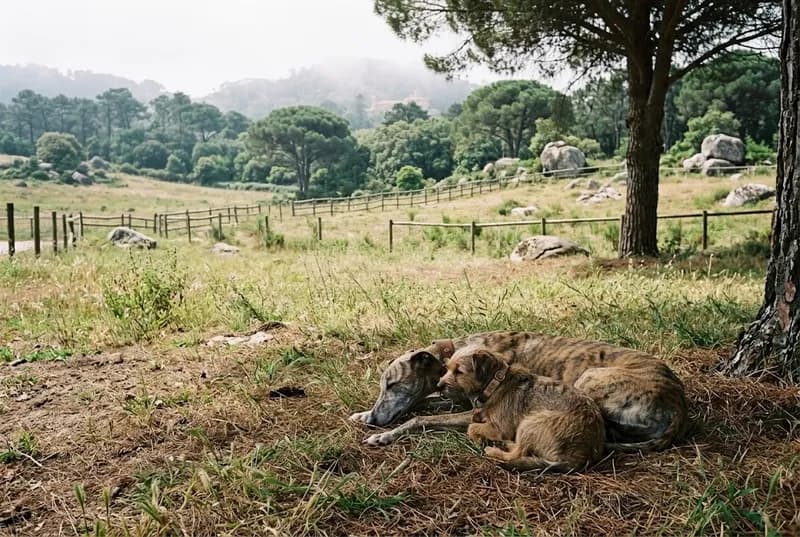 Dois cães a dormir juntos à sombra