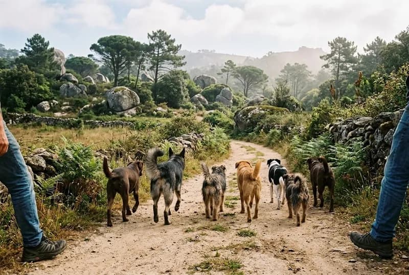 Um grupo de cães de vários tamanhos a passear num caminho de campo