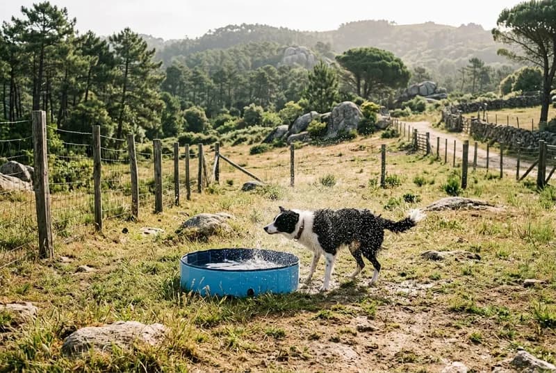 Um cão a sacudir a água ao lado da piscina