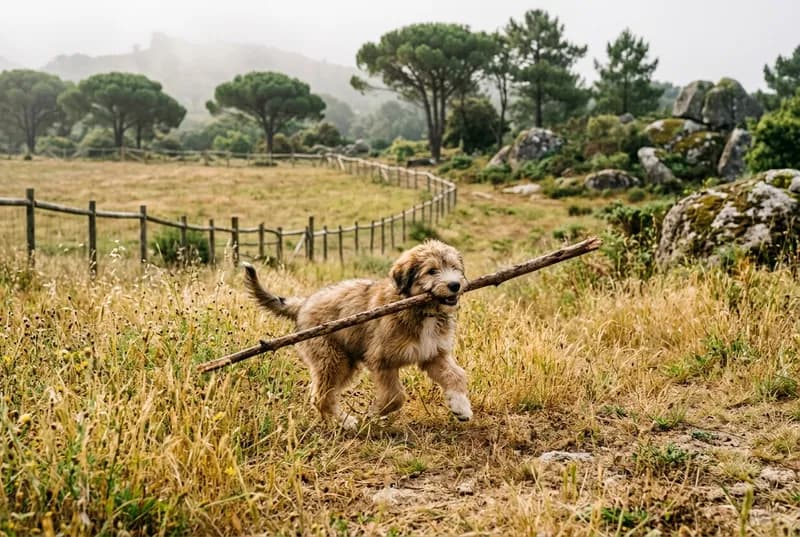 Um cachorro a carregar um pau enorme pela erva alta