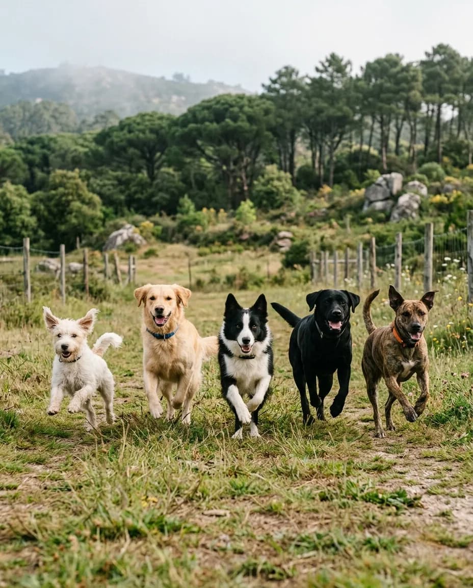 Cães de vários tamanhos a correr soltos por um campo soalheiro entre pinheiros, na serra de Sintra